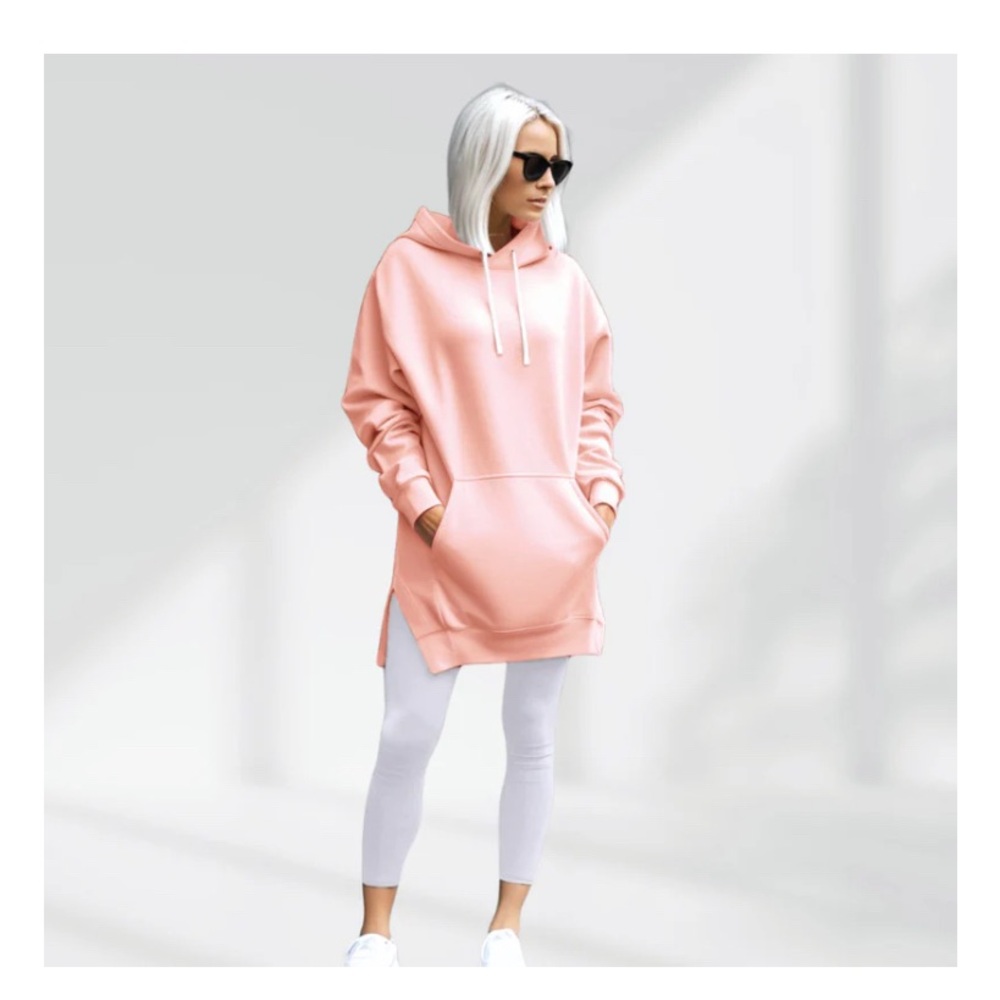 Oversized Peach Hoodie Tunic with Kangaroo Pocket - Women